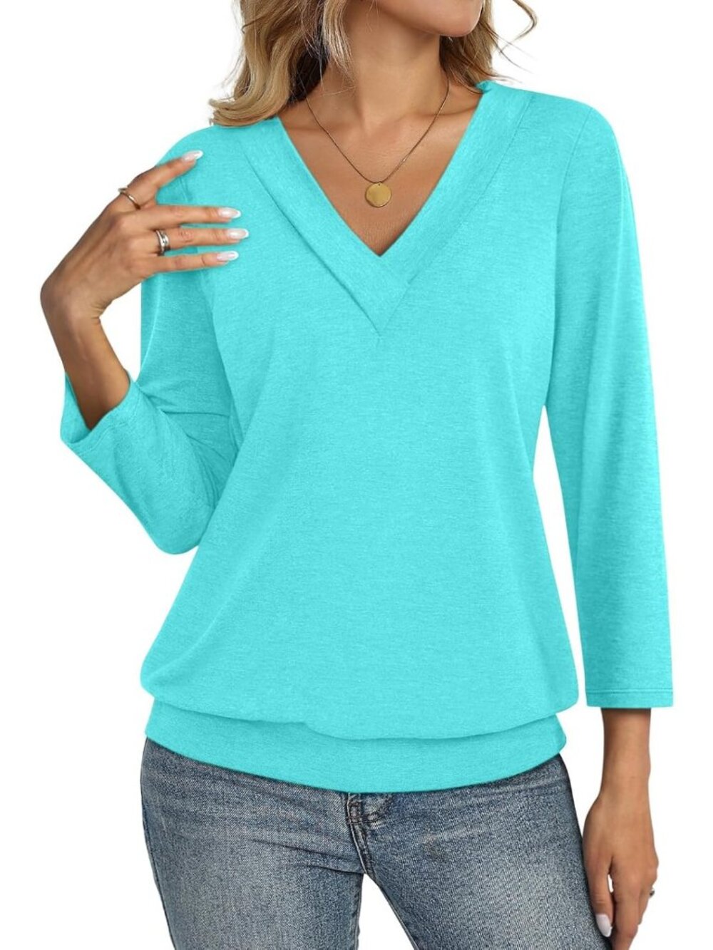 Women's Aqua V Neck Cotton Banded Bottom 3/4 Sleeve Shirts Summer Casual Blouses